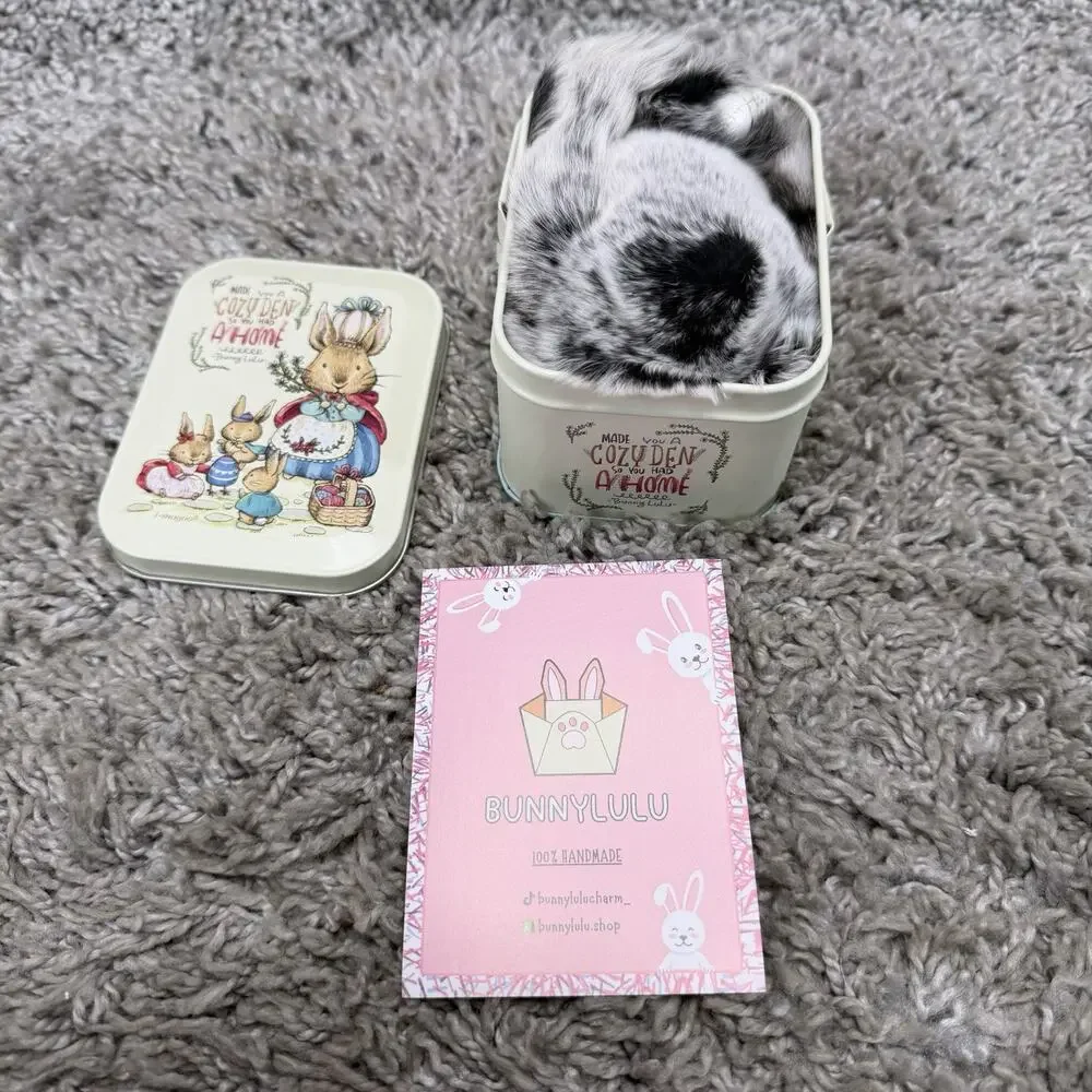 Bunny Lulu Keychain With Tin Bunny Keychain Rabbit Fur Soft Gray Black Brand New